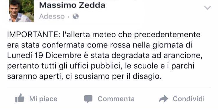 Falso profilo su Fb di Zedda ridimensione l’allerta meteo. Ma il sindaco conferma il rischio e condanna il gesto sconsiderato