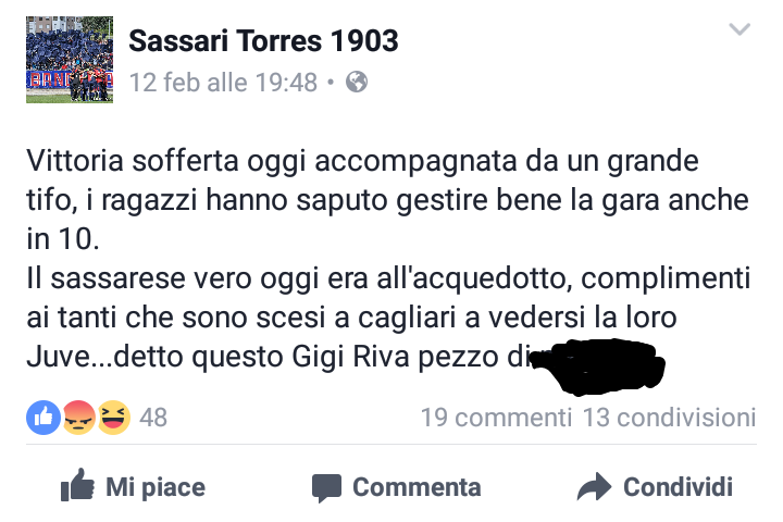 Gli insulti a Gigi Riva in una pagina Facebook di tifosi della Torres