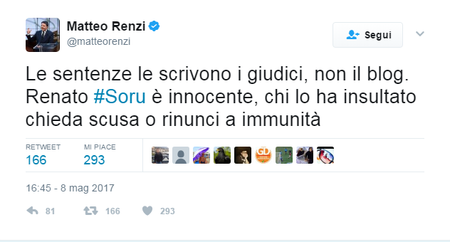 Soru assolto, Renzi: “La giustizia la fanno i Tribunali, non il blog”