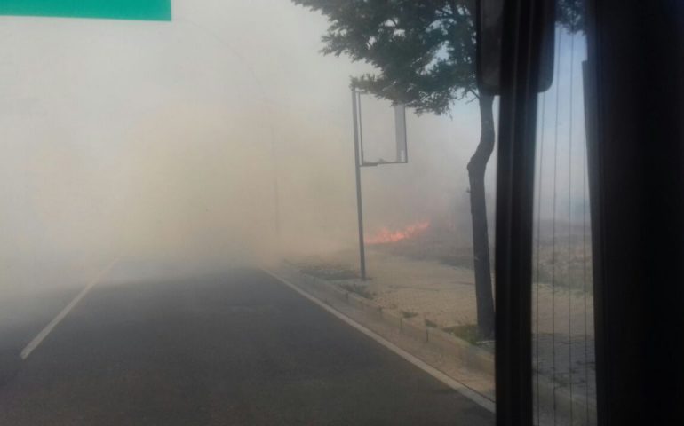 Incendio a Selargius: prende fuoco un campo incolto in viale Trieste dietro l’Eurospin (FOTO)