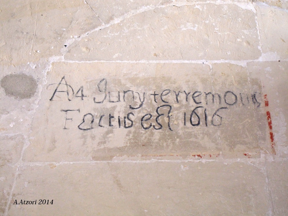 Iscrizione muraria sul terremoto di Cagliari del 1616 - Foto di Alessandra Atzori dal blog Sa casteddaia