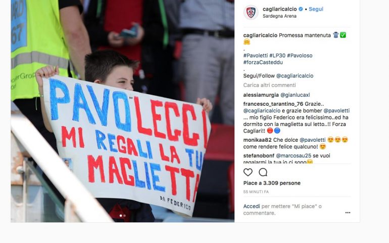 Promessa mantenuta: allo stadio il bimbo chiama “Pavoleggi” e Pavoletti dopo la gara gli regala la maglia del Cagliari