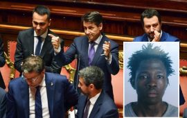 Giuseppe Conte Di Maio e Salvini stamattina davanti al Senato (Foto Afp - Andreas Solaro). Nel riquadro il bracciante e sindacalista ucciso Sakho Soumaila