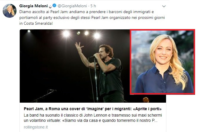 tweet Giorgia meloni Pearl Jam