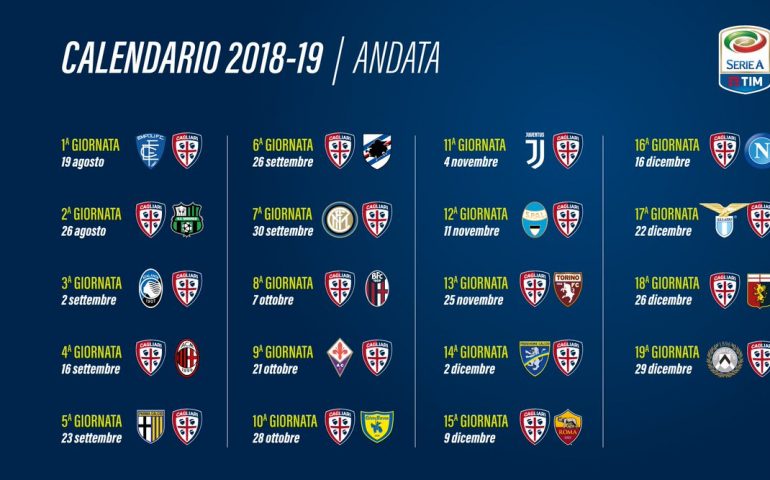 Serie A, il 19 agosto il calendario dei rossoblù partirà da Empoli, mentre la prima gara alla Sardegna Arena vedrà ospite il Sassuolo