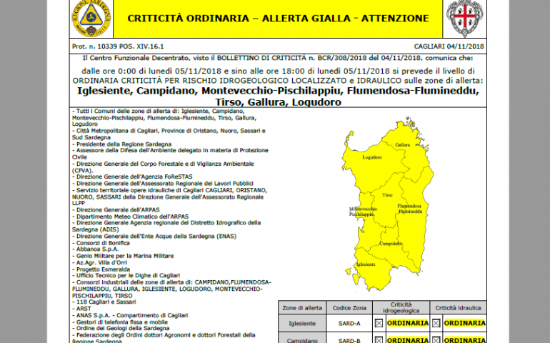 Declassata l’allerta meteo in Sardegna. È allerta gialla da stanotte a lunedì