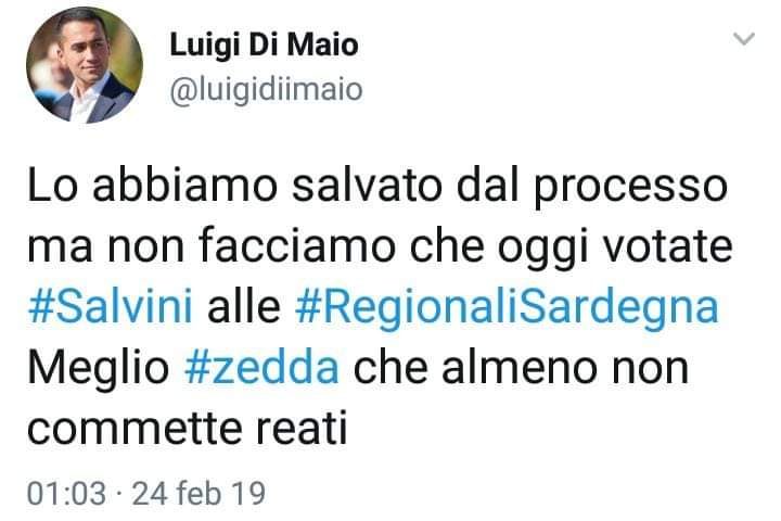 Gira un messaggio elettorale di Di Maio: “votate Zedda e non Salvini”. Ma è un falso