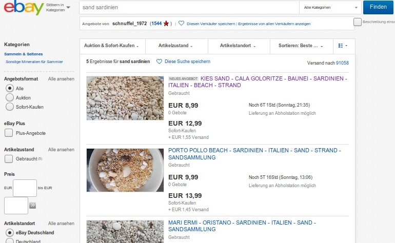 La sabbia della Sardegna in vendita su Ebay