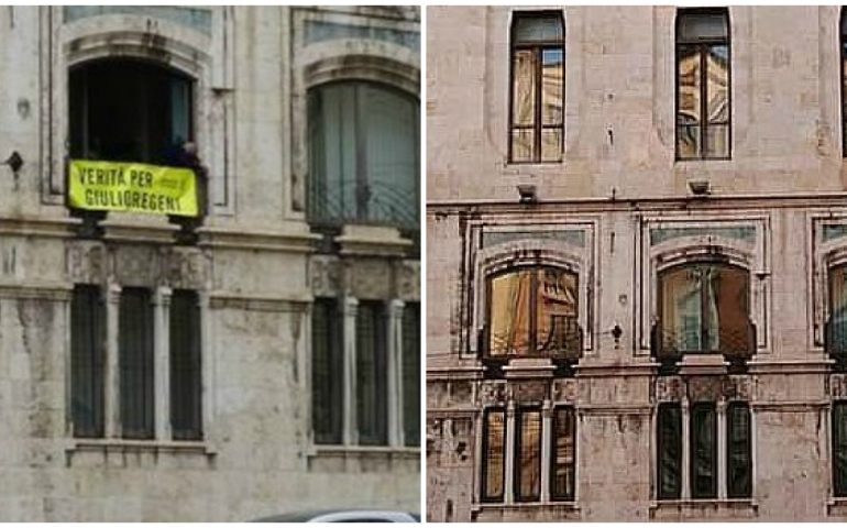 Truzzu: “Il Municipio non è lo stadio”, rimosso lo striscione per Giulio Regeni da Palazzo Bacaredda