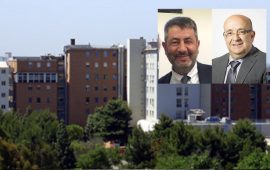 L'ospedale Sna Martino di Oristano: nel riquadro Antonio Onorato Succu e Augusto Cherchi