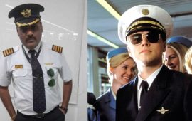 Il truffatore indiano Mahbubani a sinistra e a destra Leonardo Di Caprio in una scena del film Prova a Prendermi nei panni di Frank Abagnale