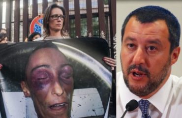 A sinistra Ilaria Cucchi mostra la foto del fratello Stefano, a sinistra Salvini