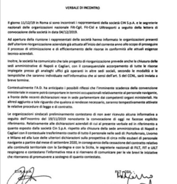 Lettera sindacati Tirrenia