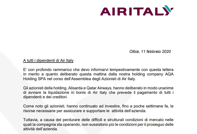 Air Italy in liquidazione: la lettera ai dipendenti