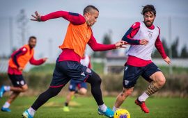 Nainggolan e Cigarini in allenamento prima di Cagliari-Roma (Foto Cagliari Calcio)