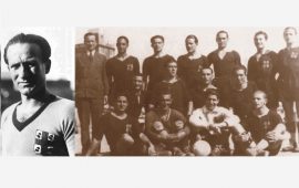 Erbstein con la maglia del Cagliari. A destra la formazione del Cagliari 1930-1931. Erbstein è il primo da sinistra