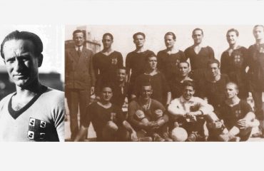 Erbstein con la maglia del Cagliari. A destra la formazione del Cagliari 1930-1931. Erbstein è il primo da sinistra