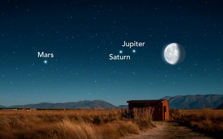 In questi giorni prima dell’alba sarà possibile osservare la Luna, Marte, Saturno e Giove insieme nel cielo