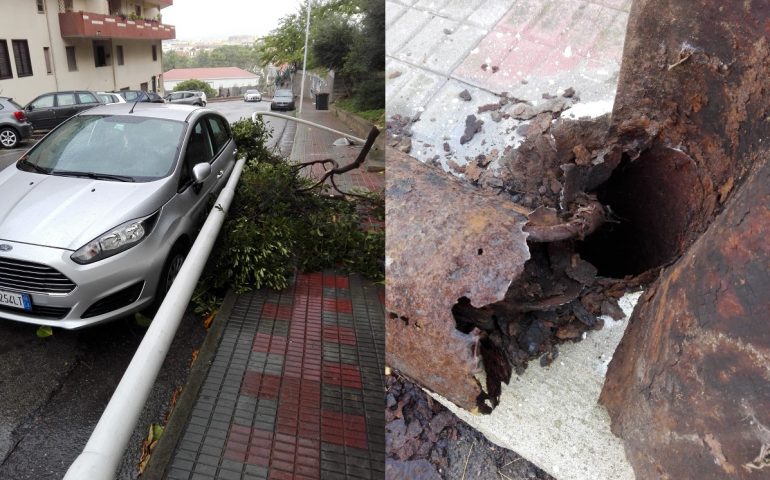 Cagliari, paura in via Argonne palo della luce arrugginito crolla vicino a un'auto