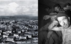 Carbonia in una veduta panoramica degli anni '50 e una storica immagina dei minatori di Federico Patellani