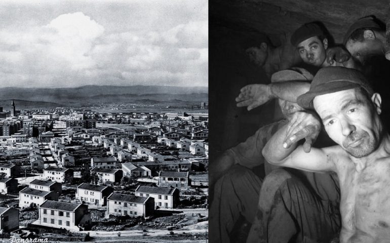 Carbonia in una veduta panoramica degli anni '50 e una storica immagina dei minatori di Federico Patellani