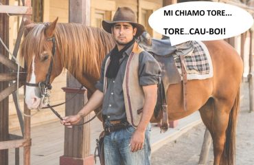 Portrait of cowboy and horse on wild west film set, Fort Bravo, Tabernas, Almeria, Spain