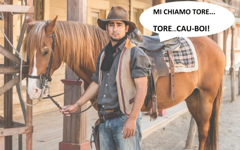 Portrait of cowboy and horse on wild west film set, Fort Bravo, Tabernas, Almeria, Spain