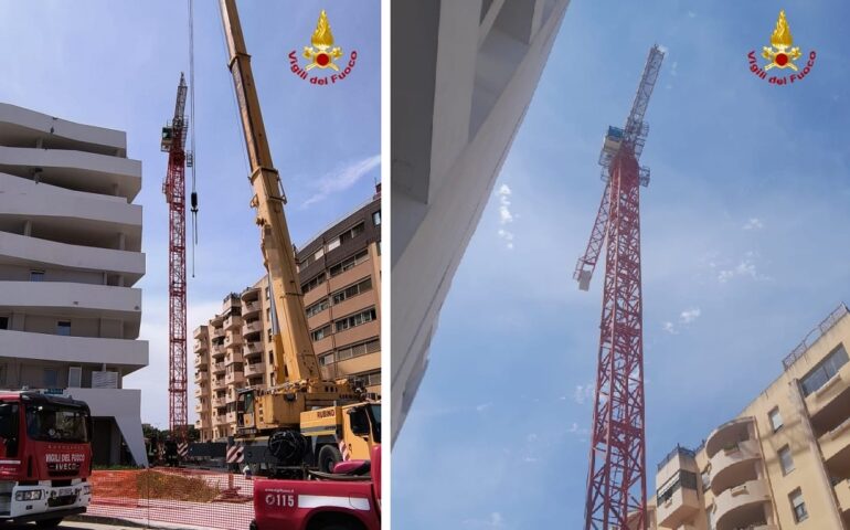 Cagliari, cede la gru in un grosso cantiere edile in via Biasi: Vigili del Fuoco sul posto