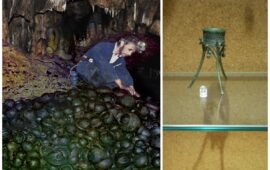 Il tesoro di Su Benatzu quando fu scoperto e il tripode conservato al museo di Cagliari