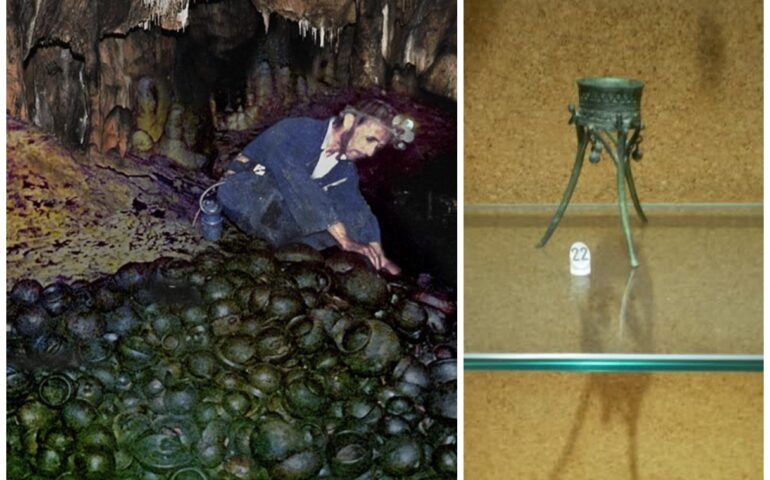 Il tesoro di Su Benatzu quando fu scoperto e il tripode conservato al museo di Cagliari