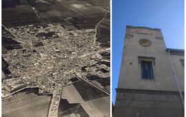 Pirri dal dirigibile in una foto d'epoca e la torre del Municipio