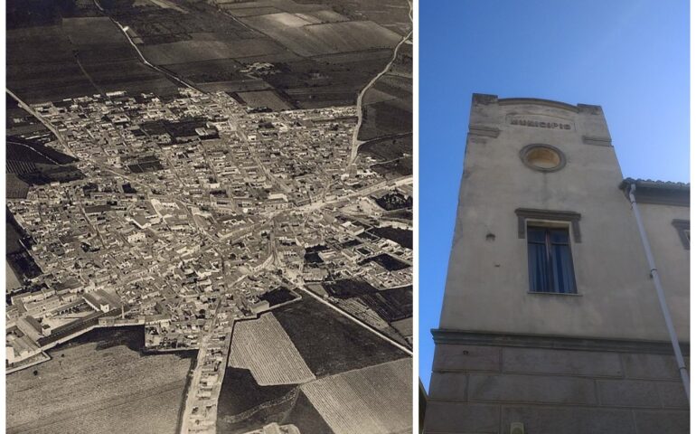 Pirri dal dirigibile in una foto d'epoca e la torre del Municipio