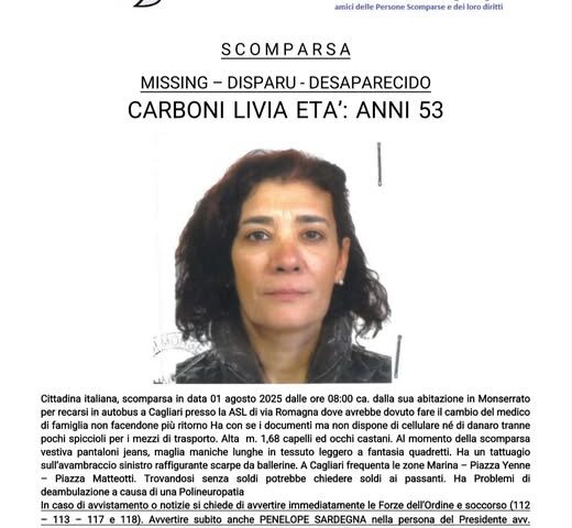 Scomparsa a Cagliari: ricerche in corso per Livia Carboni. Qualcuno l’ha vista?