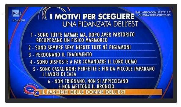 In un programma RAI “I motivi per scegliere una donna dell’est”. Sul web infuria la polemica