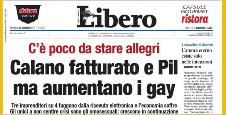 Libero ci ricasca: ancora un titolo choc del quotidiano. Dopo napoletani e “terroni”, è il turno dei gay