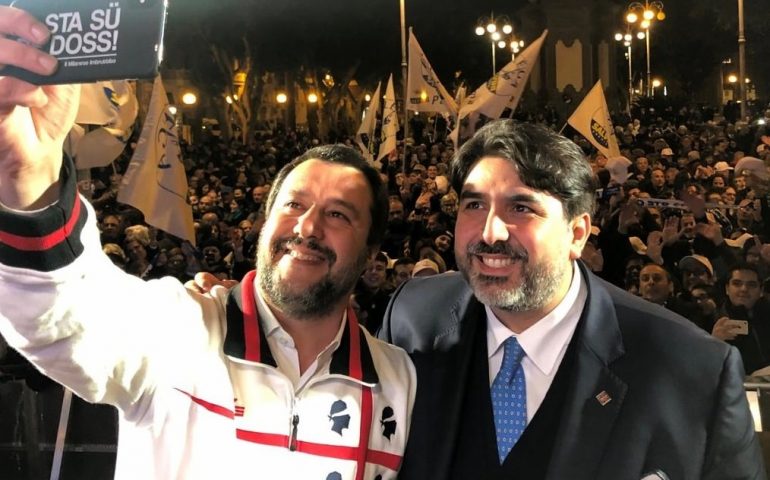 Matteo Salvini e Christian Solinas ad un comizio.