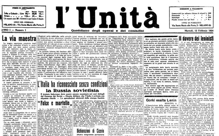 12 febbraio 1924: L’Unità di Antonio Gramsci pubblica il suo primo numero