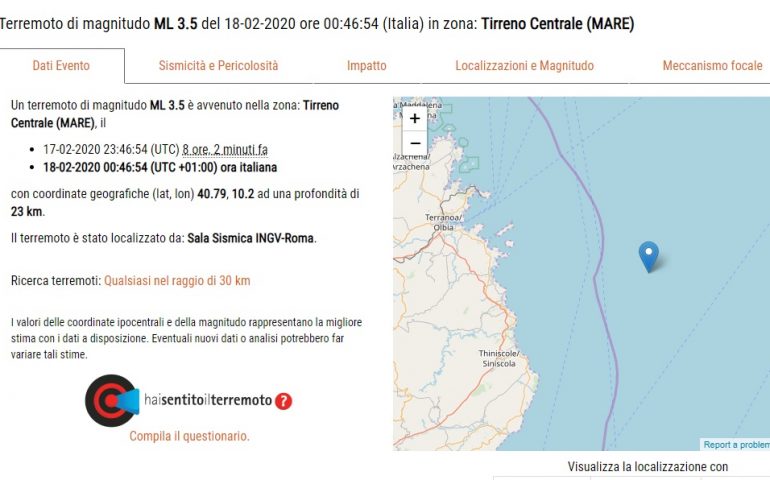 Scossa di terremoto in Sardegna: il sisma di magnitudo 3.5 al largo della Gallura