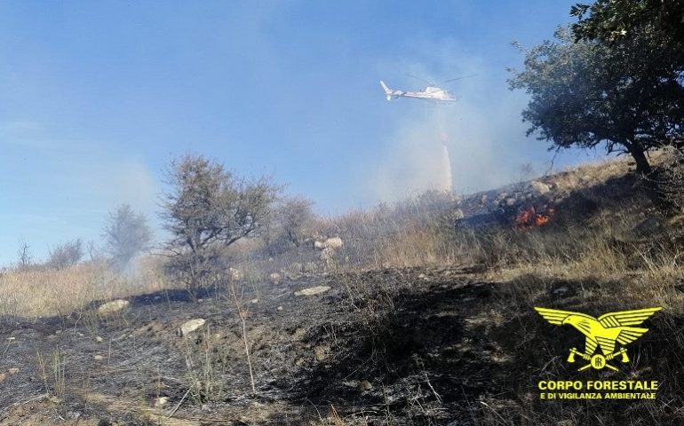 Arzachena, fiamme nelle campagne. Al lavoro l’elicottero del Corpo Forestale