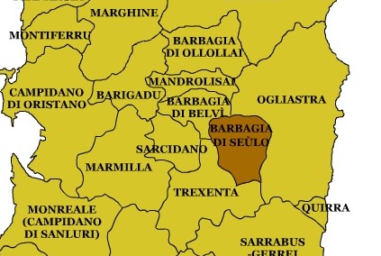 Immagine della regione della Barbagia di Seulo sulla cartina della Sardegna.