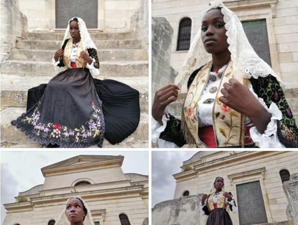 Nata e cresciuta in Sardegna, Kary Khouma posa con l’abito tradizionale di Codrongianus. Sul web piovono i commenti razzisti