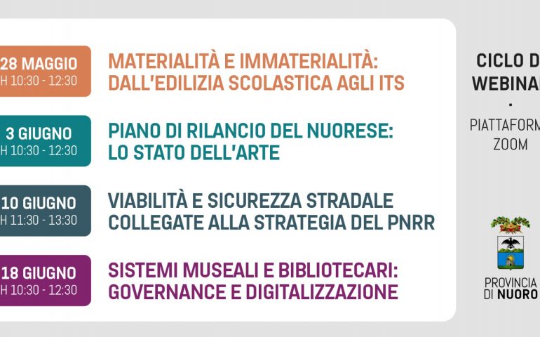 La Provincia di Nuoro organizza un ciclo di 4 webinar dedicati ai temi strategici per lo sviluppo del territorio