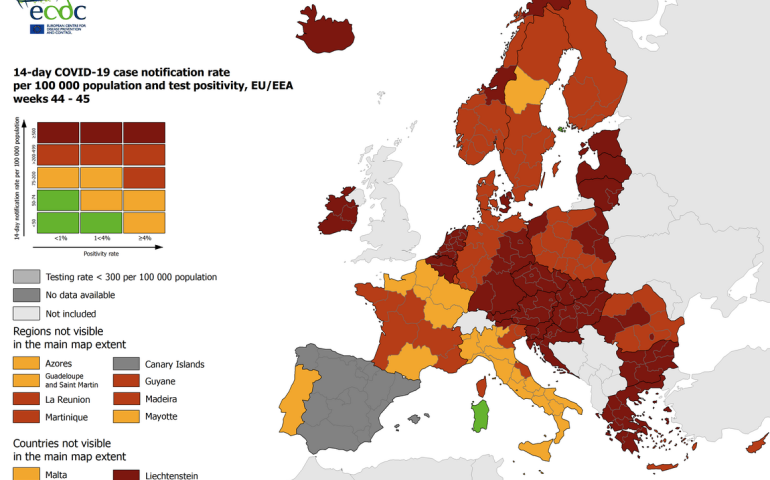 Covid-19, c’è solo una regione verde nella mappa Ue: è la Sardegna