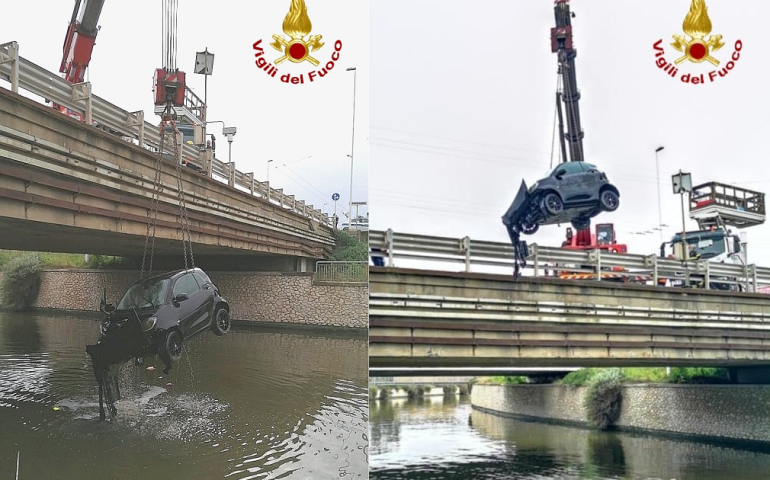 Cagliari, auto precipita nel canale di Terramaini: feriti i soccorsi i due occupanti