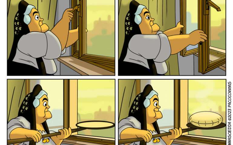 (FOTO) Caldo? La divertentissima vignetta di Paco Corrias con “Cia Minnasciedda” che cuoce il pane fuori dalla finestra