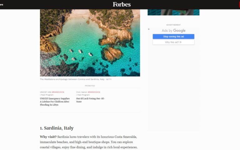 Forbes incorona la Sardegna “miglior destinazione turistica 2024”