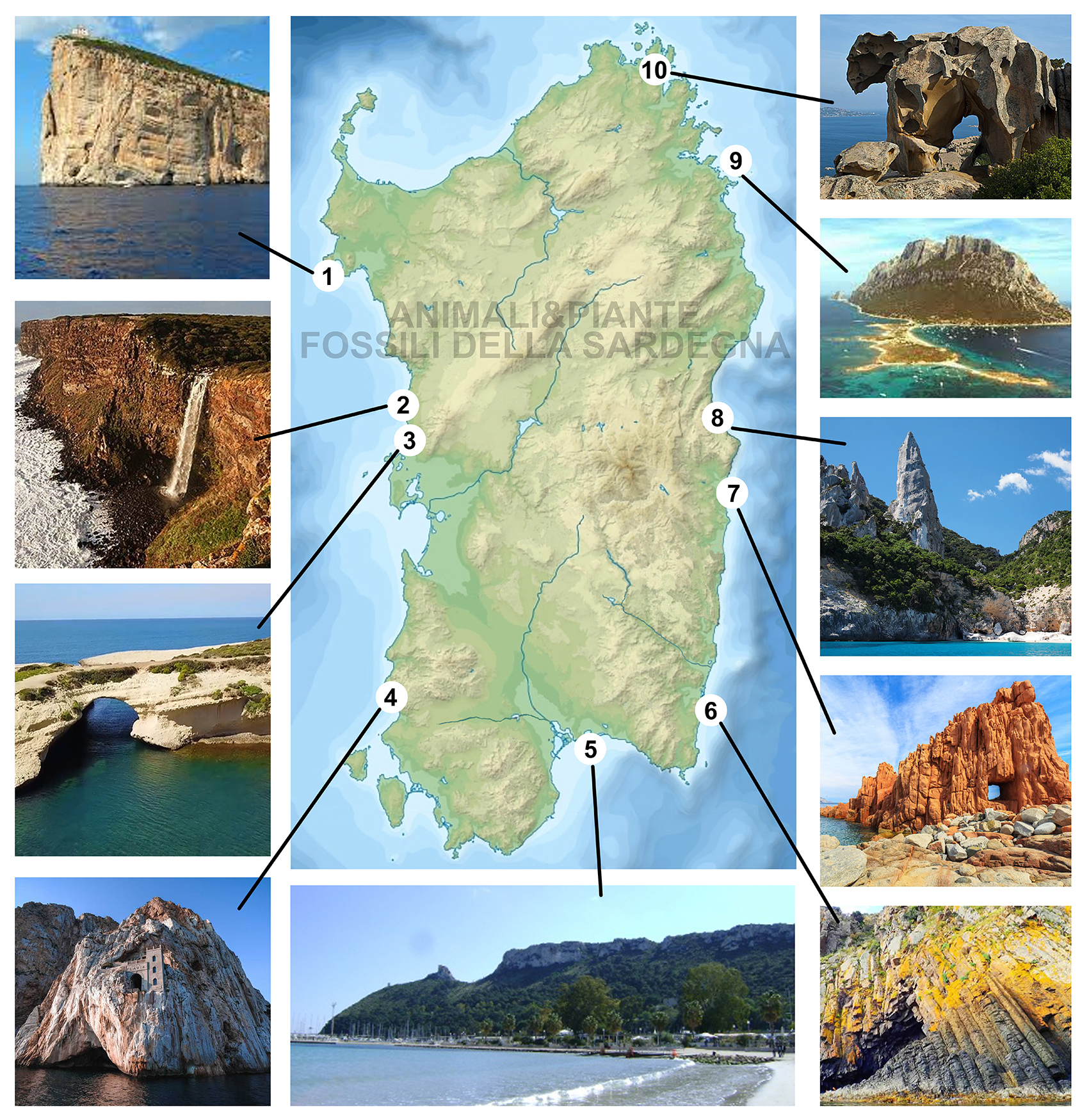 Figura 1. Alcune località che evidenziano la grande varietà di rocce presenti lungo le coste della Sardegna: 1) Capo Caccia - rocce sedimentarie del Cretaceo (Mesozoico), 2) Istrampu de Capu Nieddu - rocce vulcaniche del Pliocene-Pleistocene (Cenozoico), 3) S’Archittu - rocce sedimentarie del Miocene (Cenozoico), 4) Porto Flavia - rocce sedimentarie del Cambriano (Paleozoico), 5) Sella del Diavolo - rocce sedimentarie del Miocene (Cenozoico), 6) Capo Ferrato - rocce vulcaniche del Pliocene (Cenozoico), 7) Rocce Rosse - filoni di porfidi del Permiano (Paleozoico), 8 ) Aguglia a tramontana - rocce sedimentarie del Giurassico (Mesozoico), 9) Isola di Tavolara - rocce sedimentarie del Giurassico (Mesozoico), 10) Roccia dell’Orso - rocce plutoniche del Carbonifero superiore-Permiano (Paleozoico).