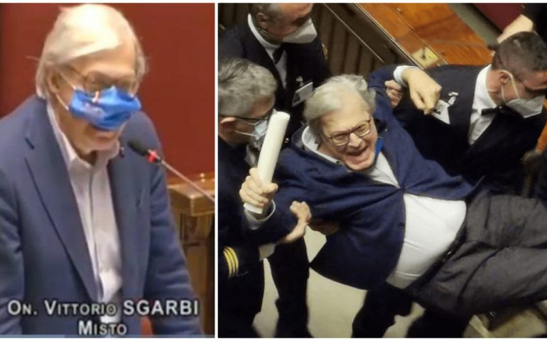 Sgarbi ci ricasca, rifiuta l’uso della mascherina: portato via di peso dall’Aula