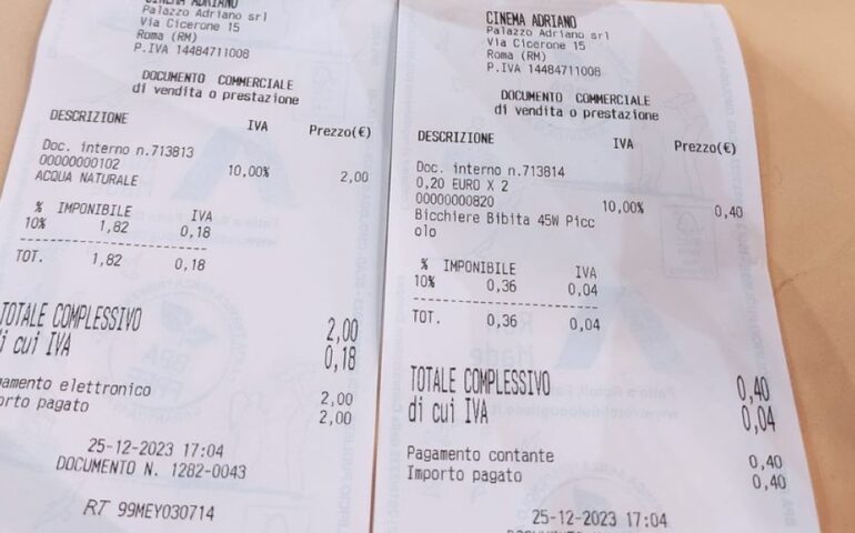 Polemiche riaccese sugli scontrini: “Acqua a 2 euro e bicchieri a 40 centesimi al cinema in Prati”. La protesta suscita divisioni in rete