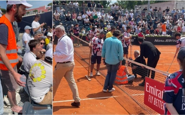 Protesta degli ambientalisti e partite sospese al Foro Italico durante gli Internazionali: vernice sul campo e piedi incollati sugli spalti